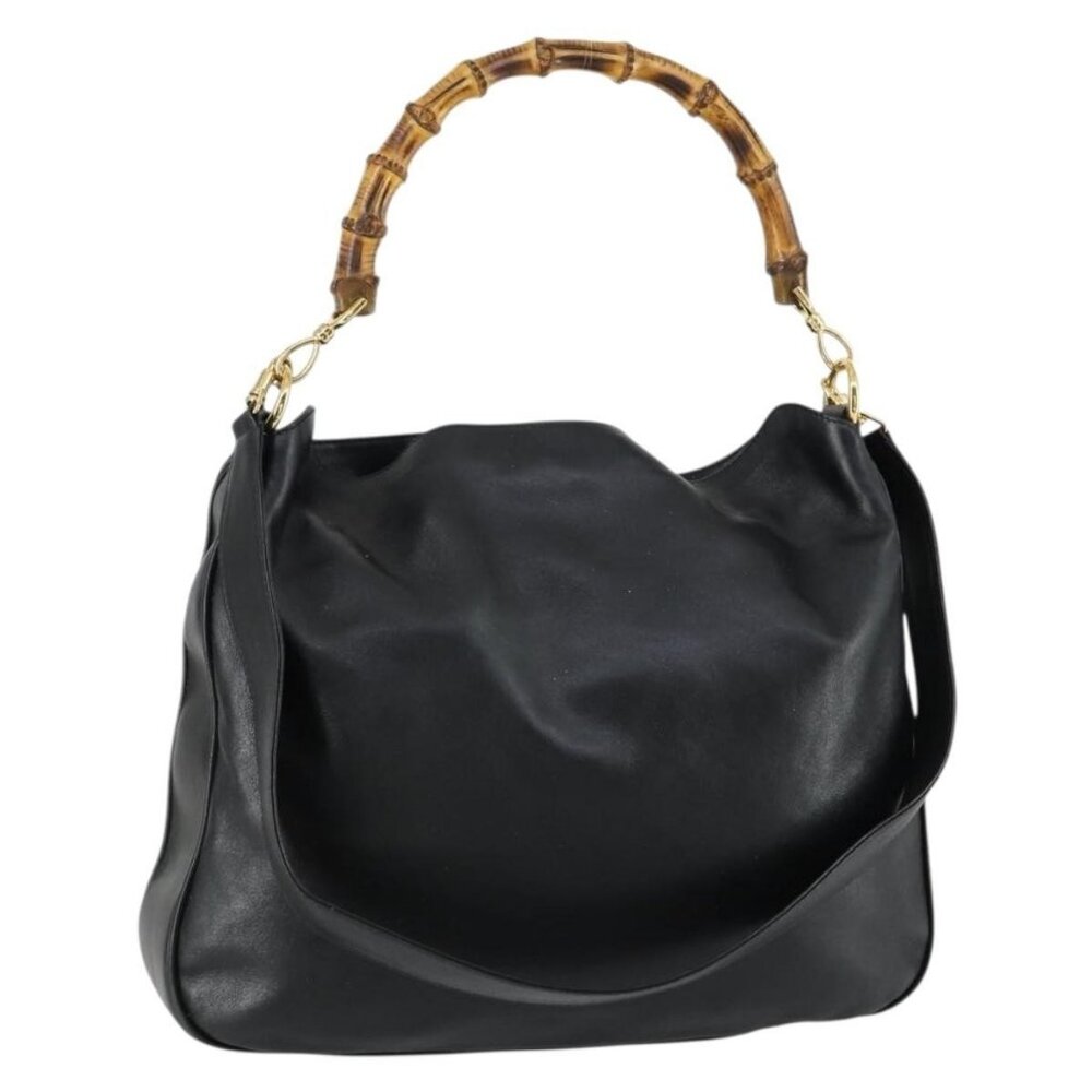 Authentic GUCCI Bamboo Shoulder Bag Leather 2way Black Gold 001 1577 2615
